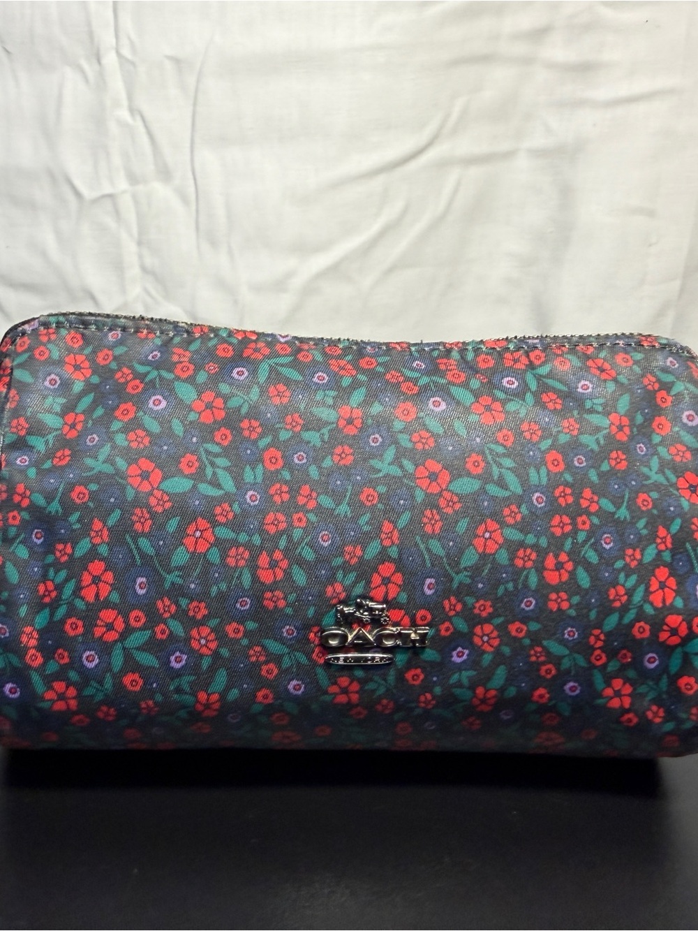 Coach Floral Cosmetic Pouch - Red, Green, Purple on Black